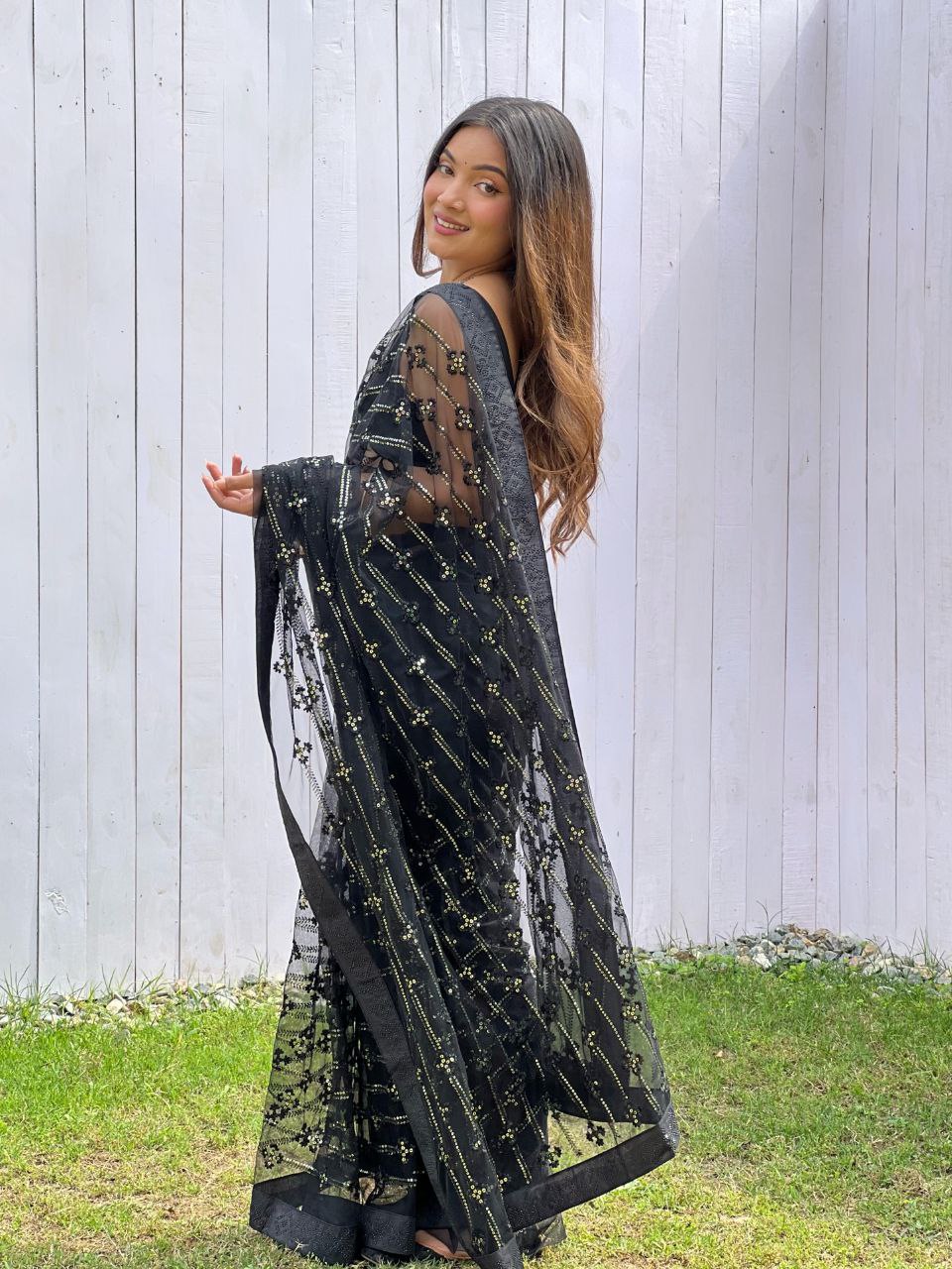 Teeya Creation Black Color Butterfly Net Embroidery Work Saree