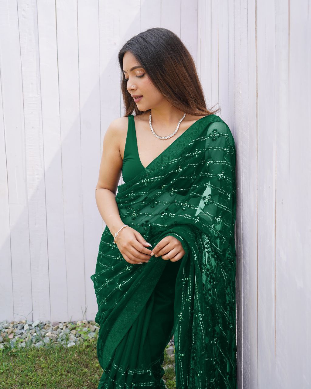 Teeya Creation Green Color Butterfly Net Embroidery Work Saree