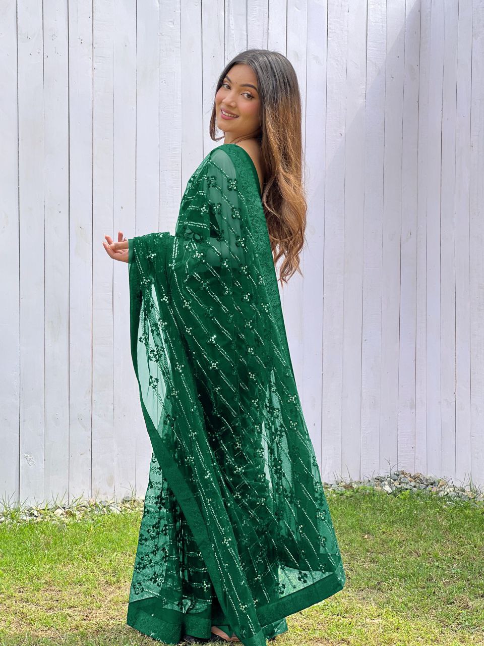 Teeya Creation Green Color Butterfly Net Embroidery Work Saree