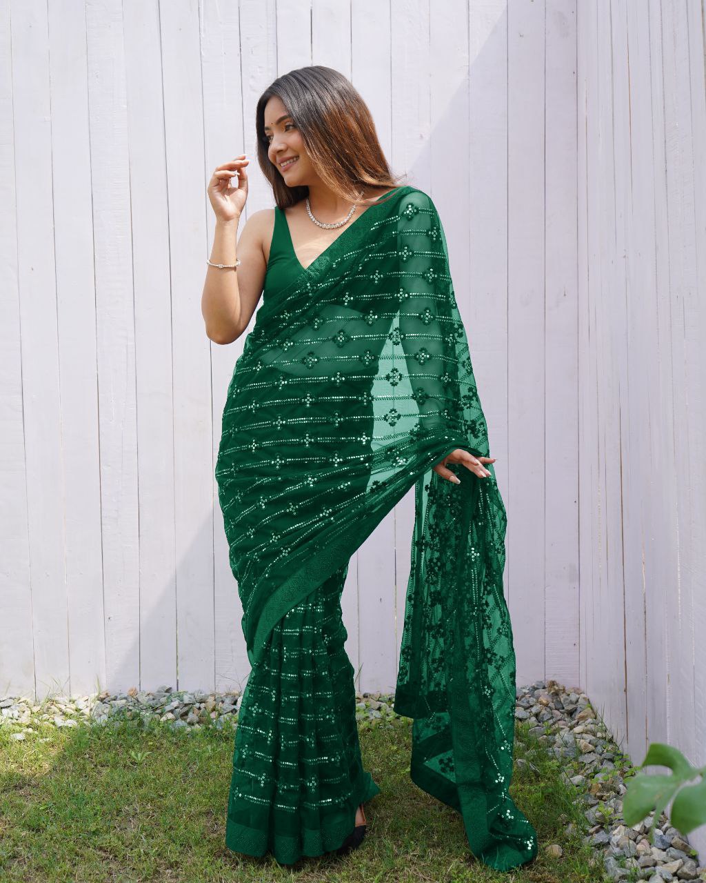 Teeya Creation Green Color Butterfly Net Embroidery Work Saree