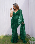 Teeya Creation Green Color Butterfly Net Embroidery Work Saree