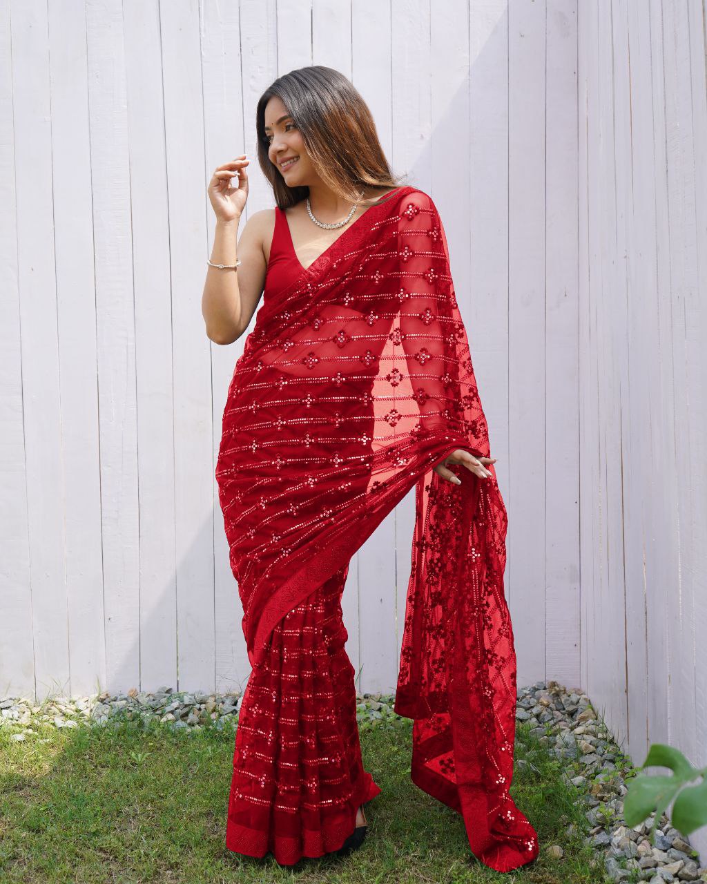 Teeya Creation Red Color Butterfly Net Embroidery Work Saree