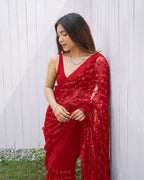 Teeya Creation Red Color Butterfly Net Embroidery Work Saree