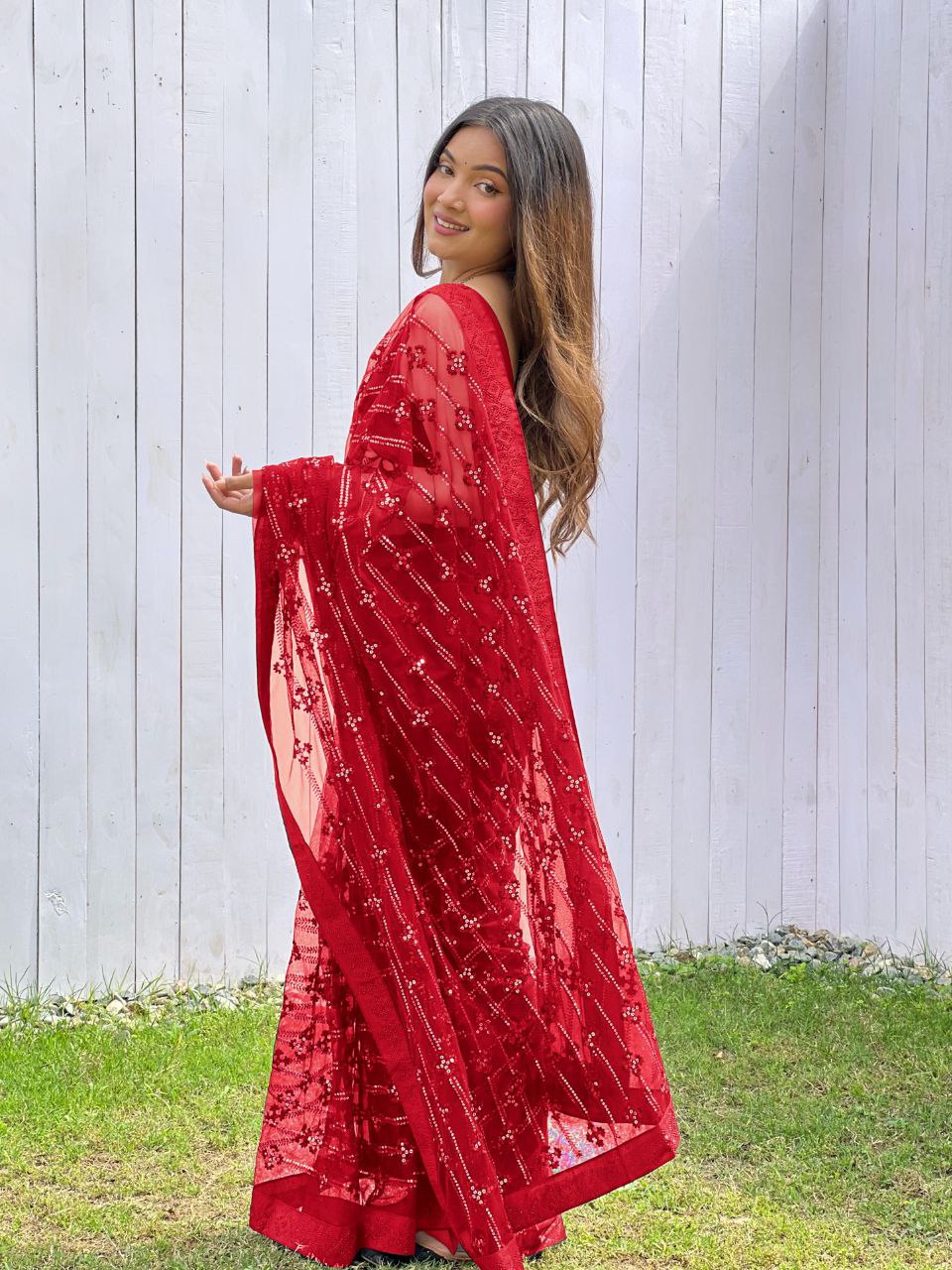 Teeya Creation Red Color Butterfly Net Embroidery Work Saree