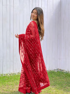 Teeya Creation Red Color Butterfly Net Embroidery Work Saree