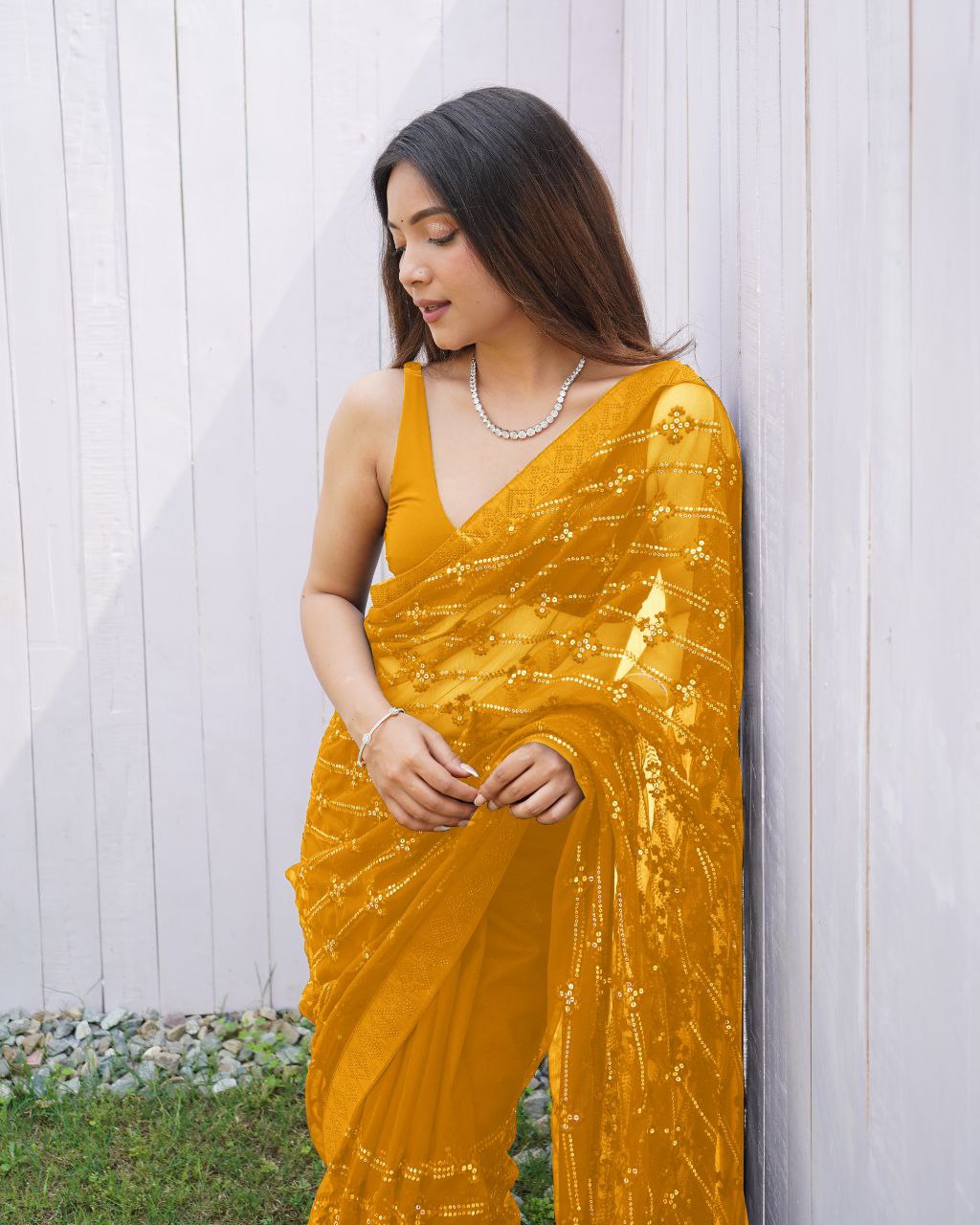 Teeya Creation Yellow Color Butterfly Net Embroidery Work Saree