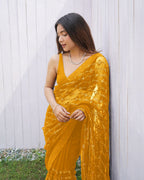 Teeya Creation Yellow Color Butterfly Net Embroidery Work Saree