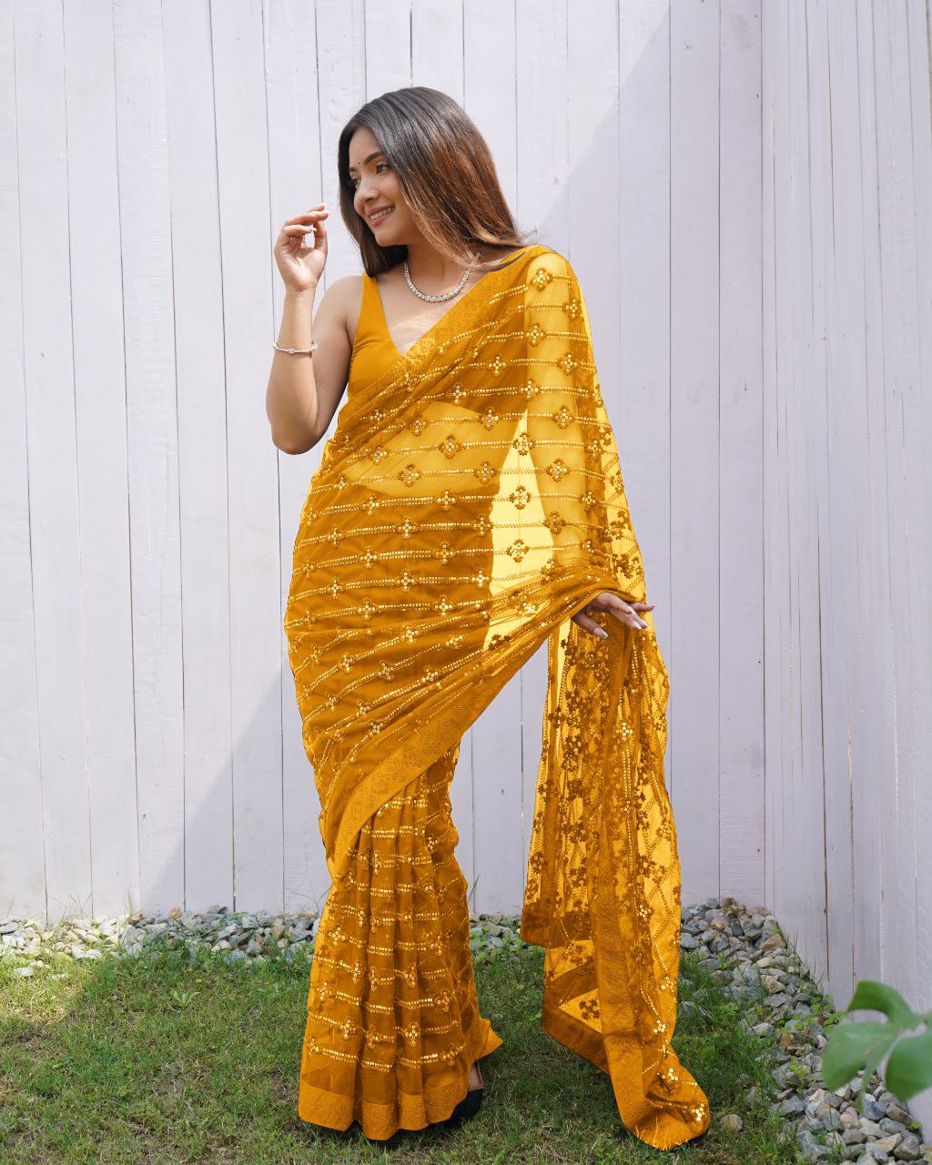 Teeya Creation Yellow Color Butterfly Net Embroidery Work Saree