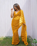 Teeya Creation Yellow Color Butterfly Net Embroidery Work Saree