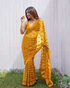Teeya Creation Yellow Color Butterfly Net Embroidery Work Saree