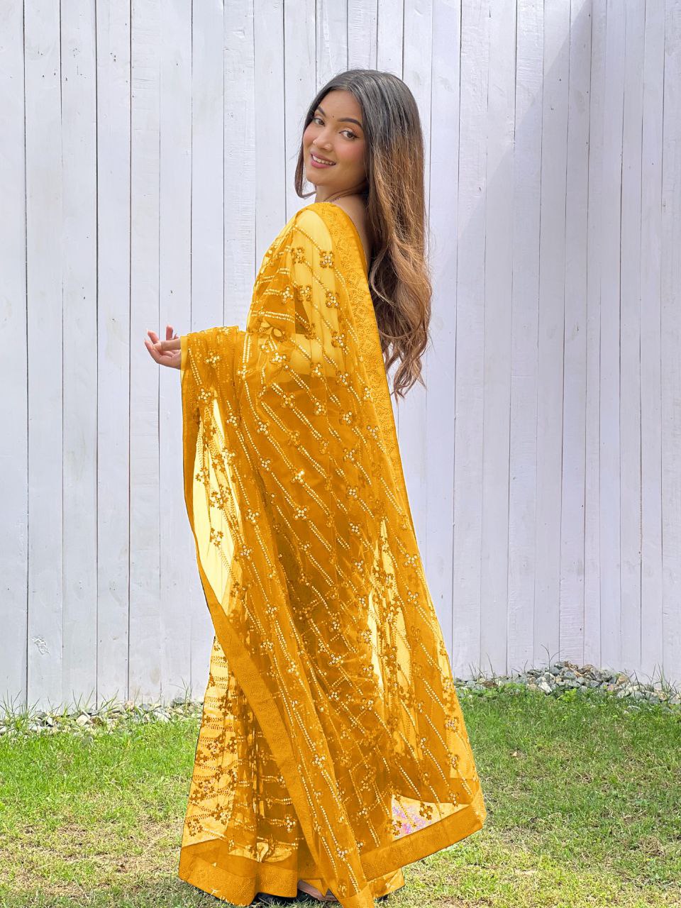 Teeya Creation Yellow Color Butterfly Net Embroidery Work Saree