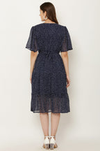 PAVONINE Micro Dots V-Neck Georgette Fabric Navy Blue Dress For Women - Distacart