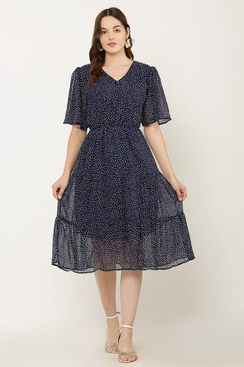 PAVONINE Micro Dots V-Neck Georgette Fabric Navy Blue Dress For Women - Distacart