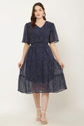 PAVONINE Micro Dots V-Neck Georgette Fabric Navy Blue Dress For Women - Distacart