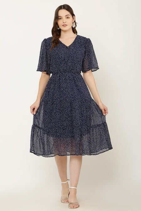 PAVONINE Micro Dots V-Neck Georgette Fabric Navy Blue Dress For Women
