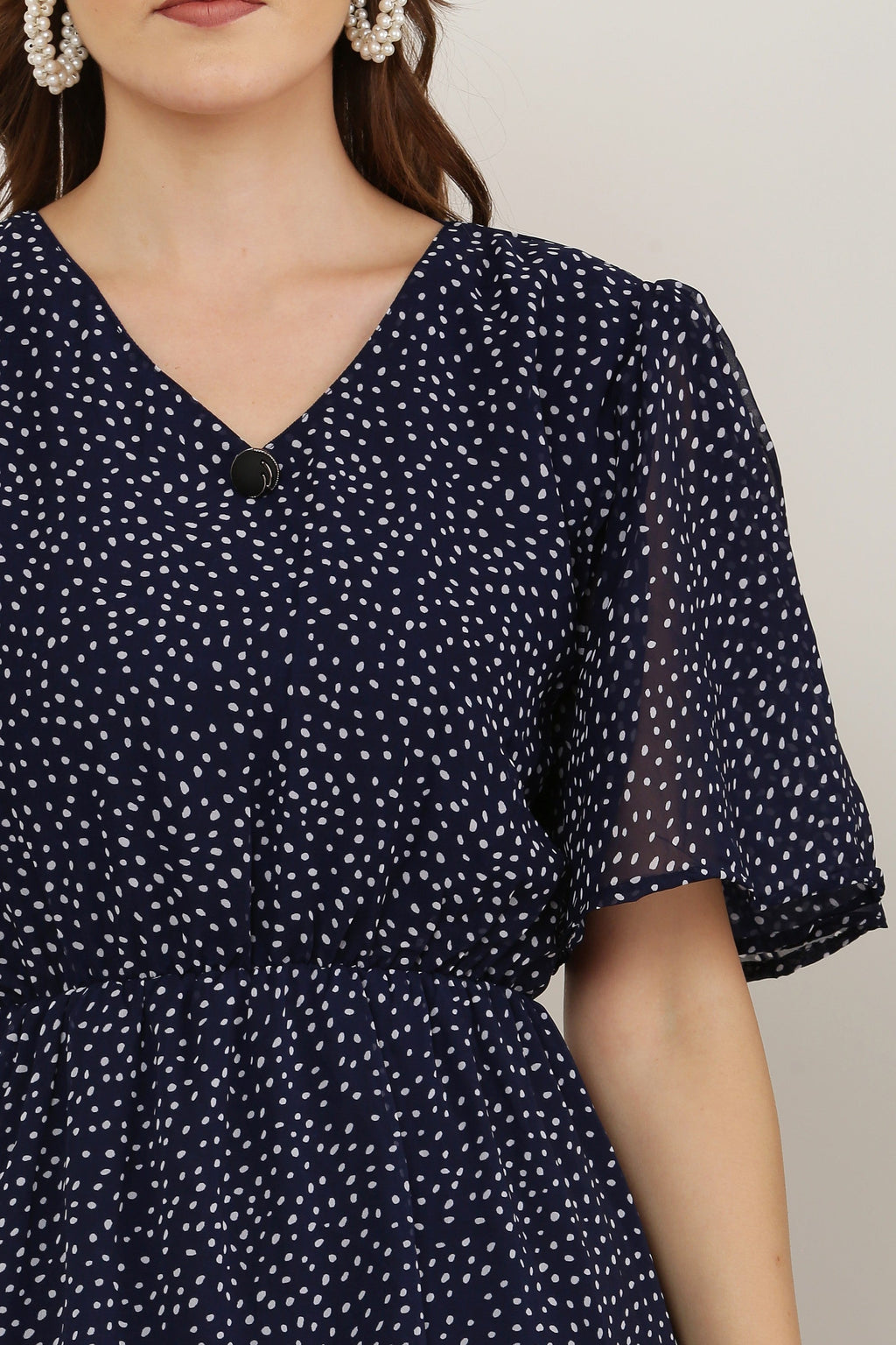 PAVONINE Micro Dots V-Neck Georgette Fabric Navy Blue Dress For Women - Distacart