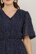 PAVONINE Micro Dots V-Neck Georgette Fabric Navy Blue Dress For Women - Distacart