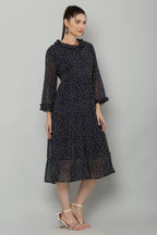 PAVONINE Micro Dots Frill-Neck Georgette Fabric Navy Blue Dress For Women - Distacart