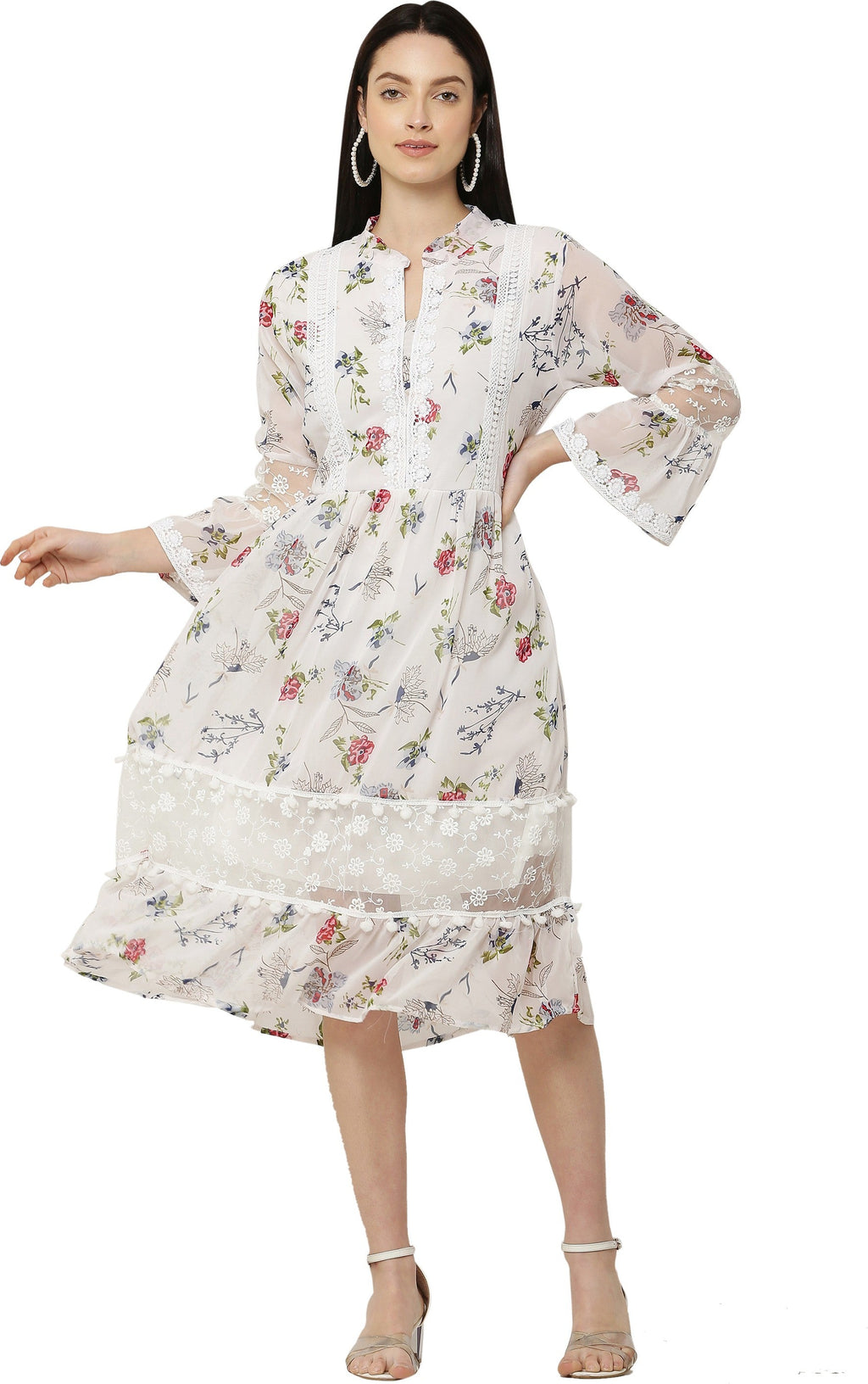 PAVONINE White Color Flower Printed Lace Bottom Dress For Girls & Women - Distacart