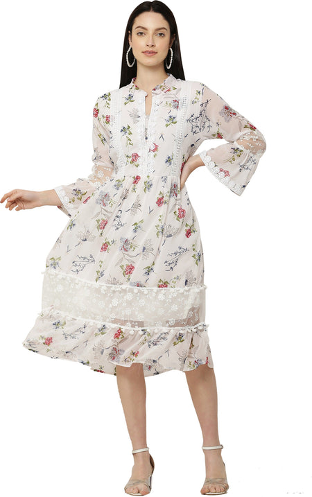 PAVONINE White Color Flower Printed Lace Bottom Dress For Girls & Women