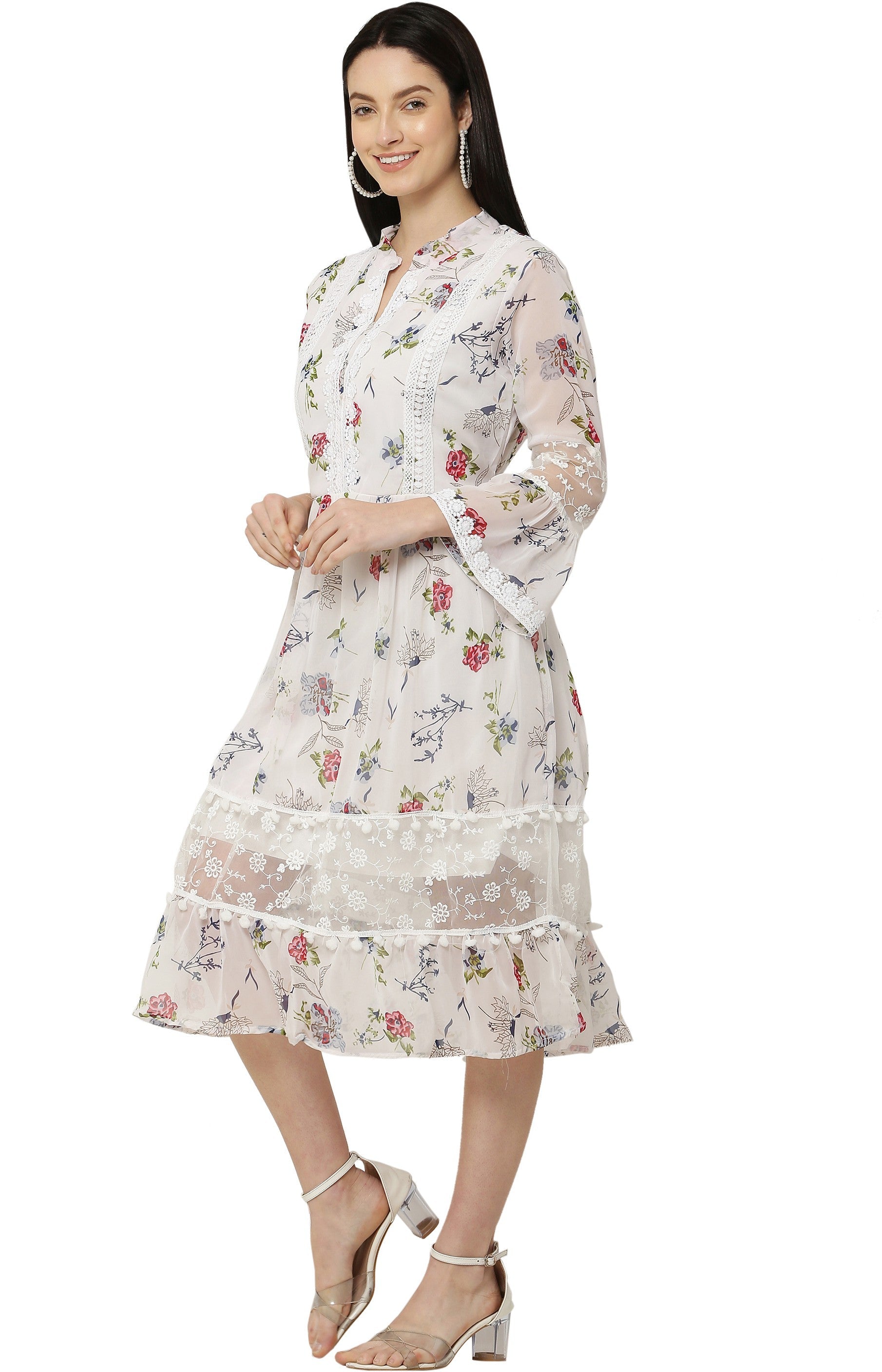 PAVONINE White Color Flower Printed Lace Bottom Dress For Girls & Women - Distacart