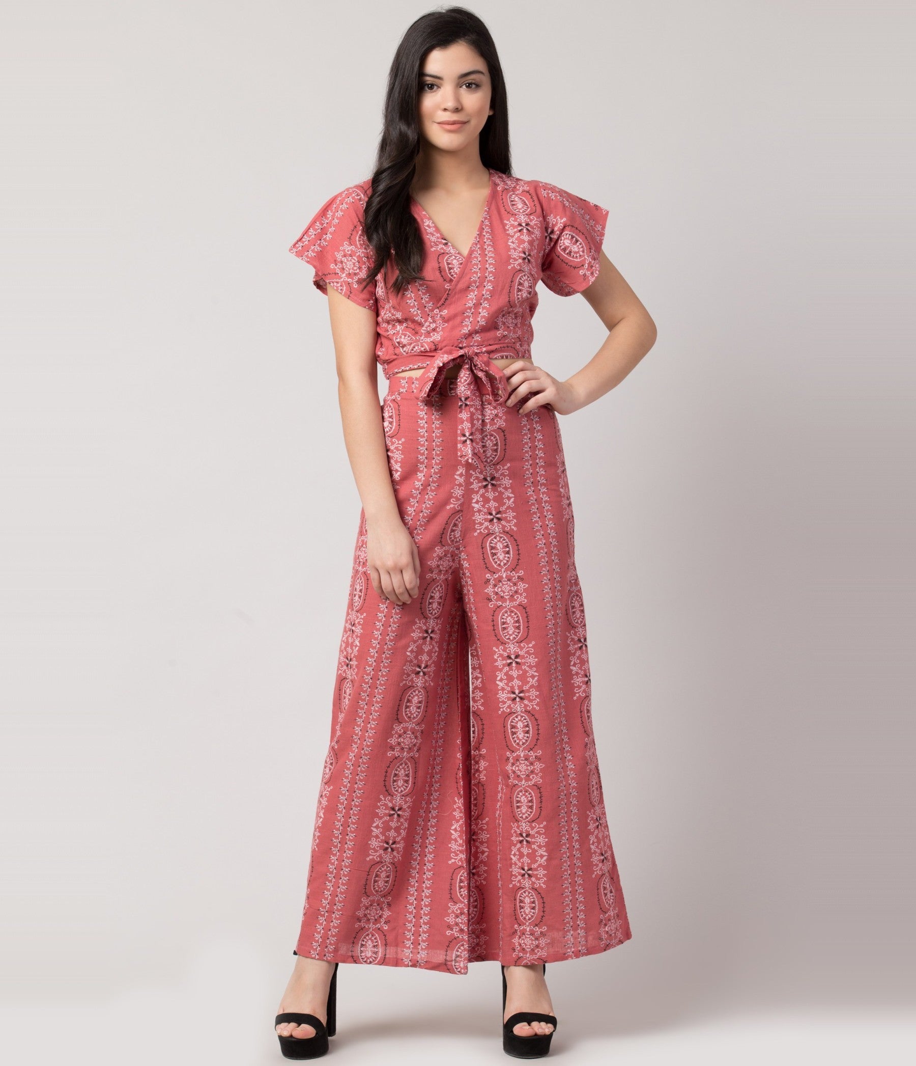 PAVONINE Peach Color Printed Crop Top And Flared Palazzo Set For Girls & Women - Distacart