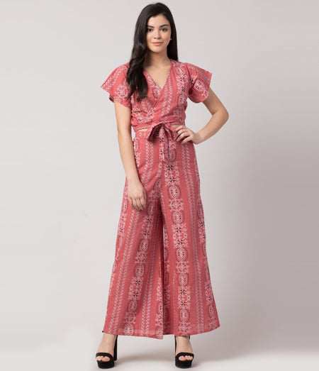 PAVONINE Peach Color Printed Crop Top And Flared Palazzo Set For Girls & Women
