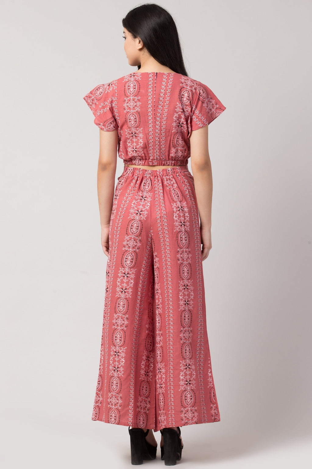 PAVONINE Peach Color Printed Crop Top And Flared Palazzo Set For Girls & Women - Distacart