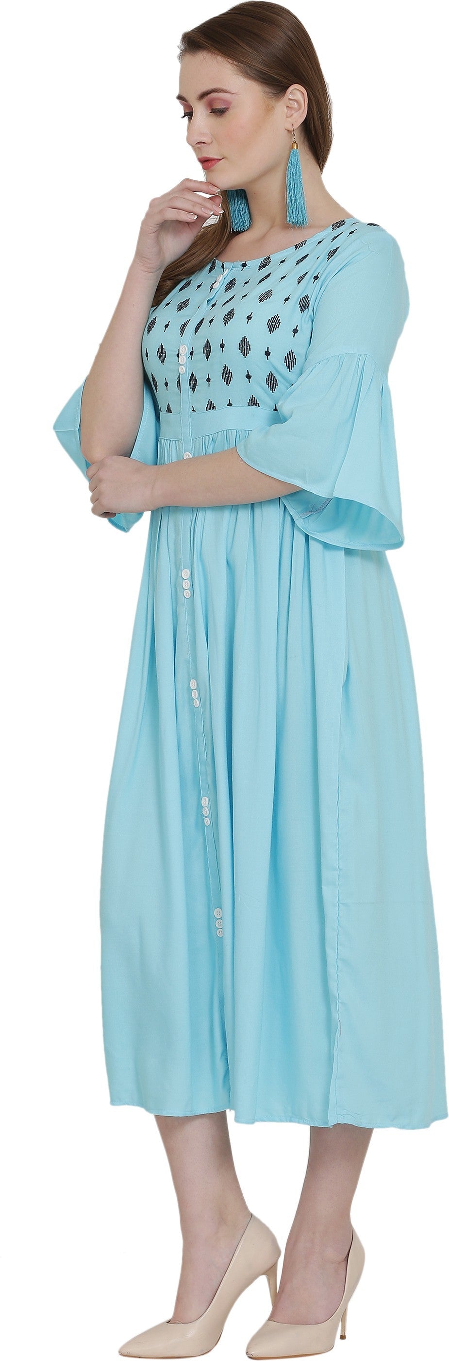 PAVONINE Firozi Color Embroidery Work With Button Dress For Women - Distacart