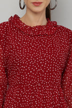 PAVONINE Micro Dots Frill-Neck Georgette Fabric Maroon Dress For Women - Distacart