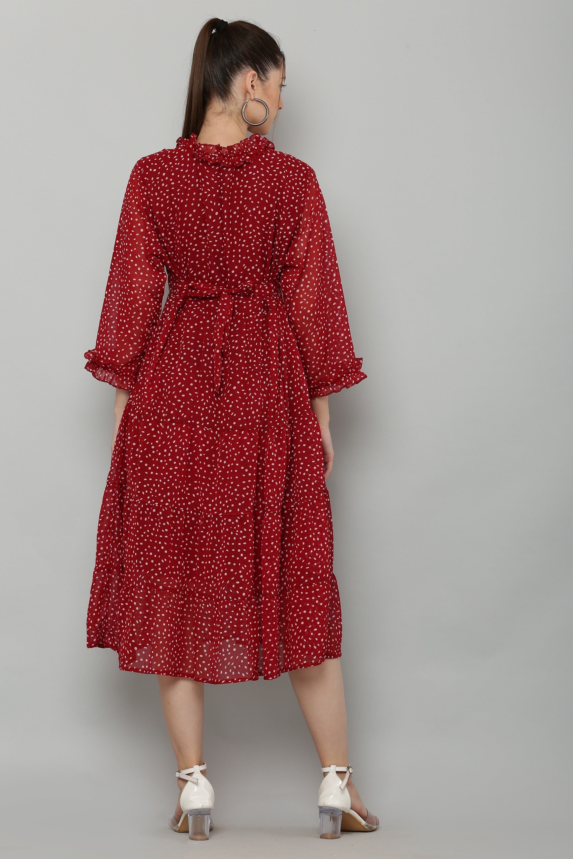 PAVONINE Micro Dots Frill-Neck Georgette Fabric Maroon Dress For Women - Distacart