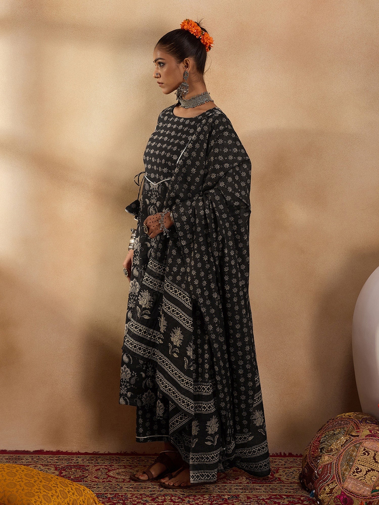 Indo Era Black Printed Straight Kurta Palazzos With Dupatta set
