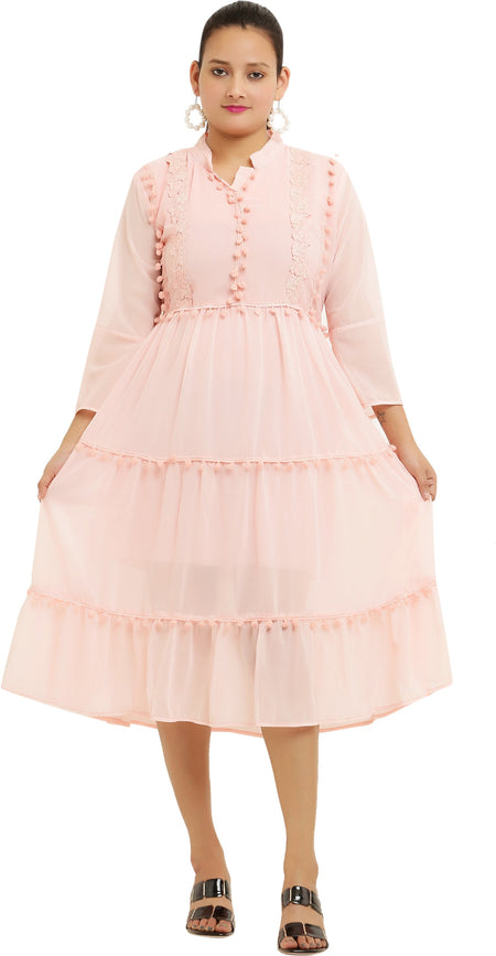 PAVONINE Pum Pum & Lace Inserted Pink Color Dress For Girls & Women