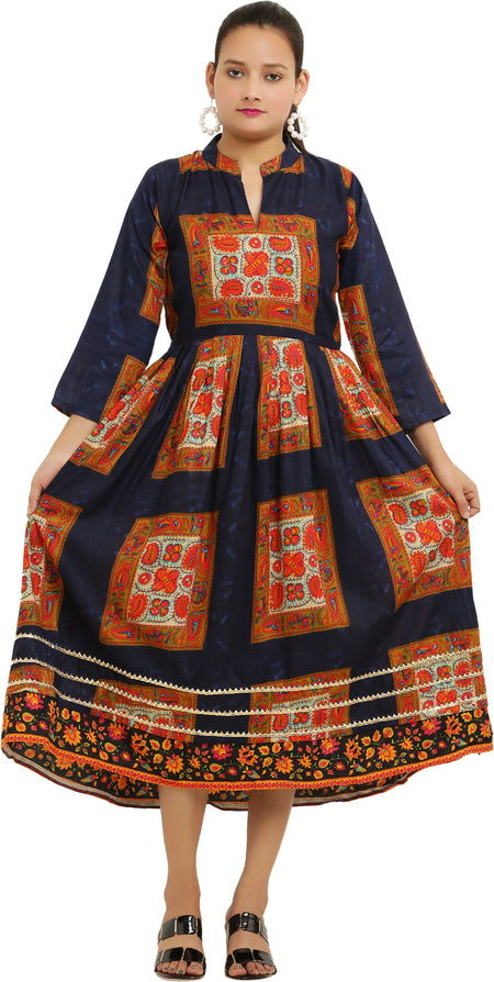 PAVONINE Jaipuri Block Print Navy Blue Color Dress For Girls & Women
