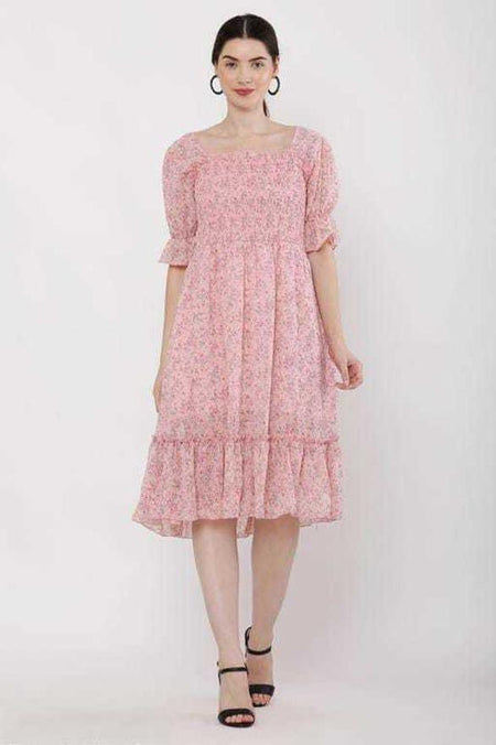 PAVONINE Peach Color Georgette Fabric Body Kansai Midi For Girls