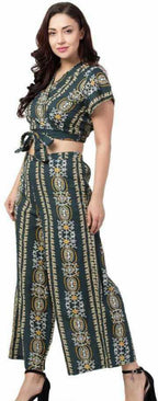 PAVONINE Bottle Green Color Printed Crop Top And Flared Palazzo Set For Girls & Women - Distacart