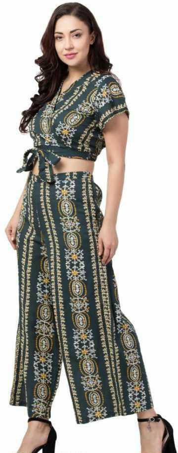 PAVONINE Bottle Green Color Printed Crop Top And Flared Palazzo Set For Girls & Women - Distacart