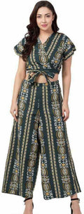 PAVONINE Bottle Green Color Printed Crop Top And Flared Palazzo Set For Girls & Women - Distacart