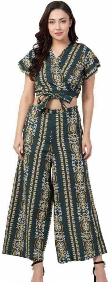 PAVONINE Bottle Green Color Printed Crop Top And Flared Palazzo Set For Girls & Women