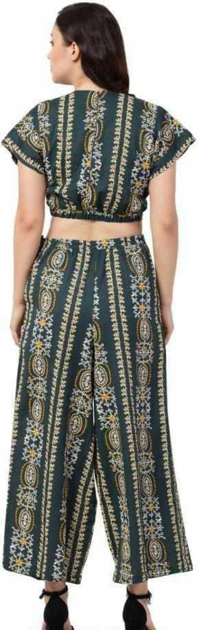 PAVONINE Bottle Green Color Printed Crop Top And Flared Palazzo Set For Girls & Women - Distacart