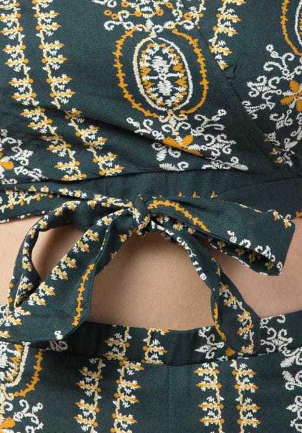PAVONINE Bottle Green Color Printed Crop Top And Flared Palazzo Set For Girls & Women - Distacart