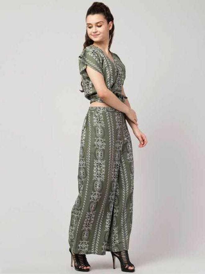 PAVONINE Pista Green Color Printed Crop Top And Flared Palazzo Set For Girls & Women - Distacart