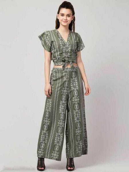 PAVONINE Pista Green Color Printed Crop Top And Flared Palazzo Set For Girls & Women
