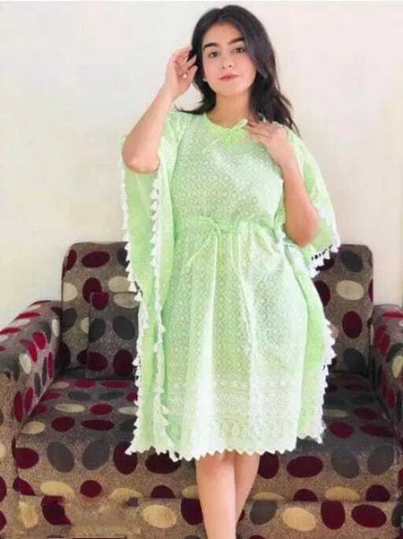 PAVONINE Pista Color Embroidery Kaftan Dress For Women