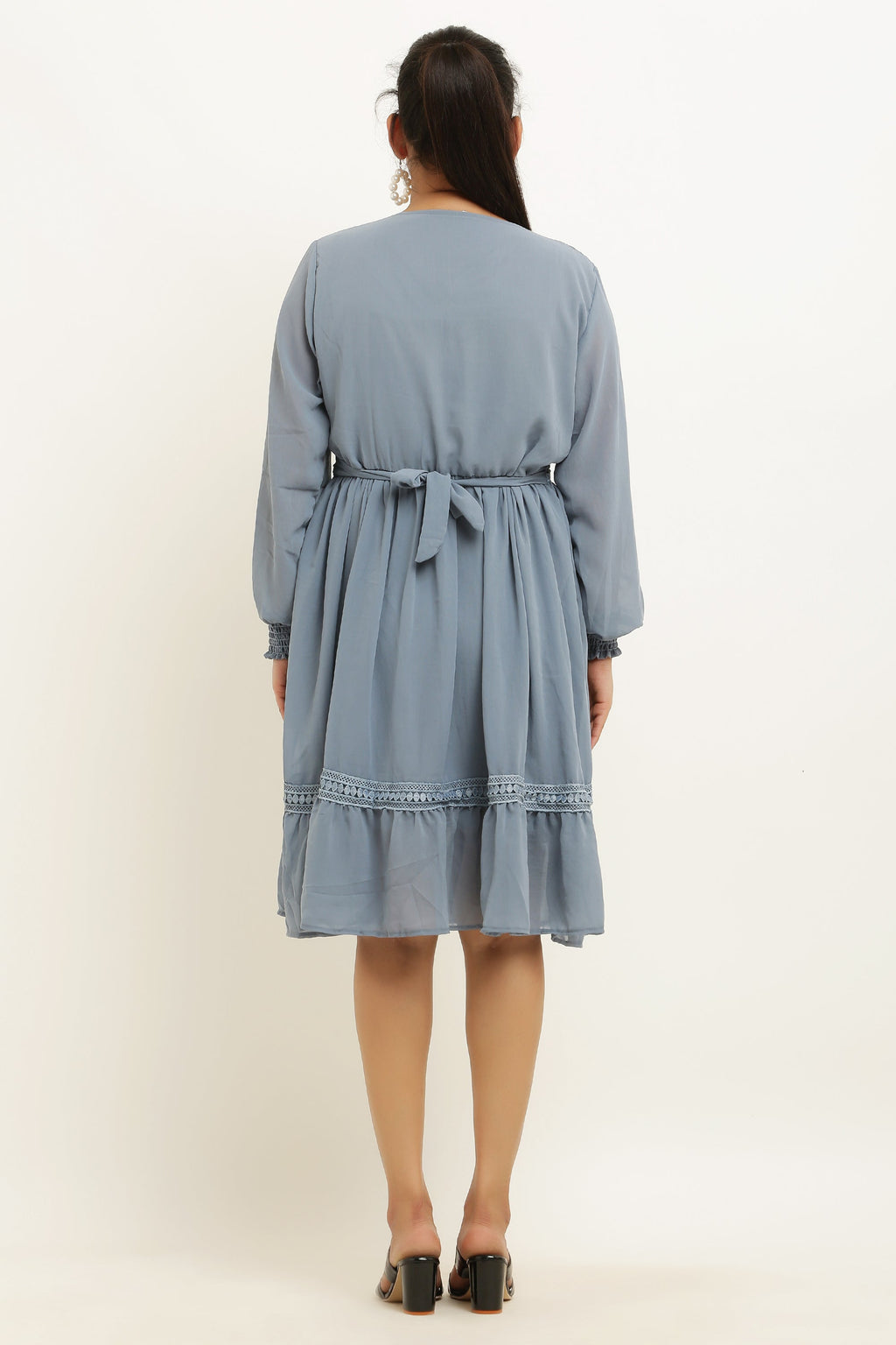 PAVONINE Grey Color Georgette Fabric Lace Inserts Midi For Girls - Distacart