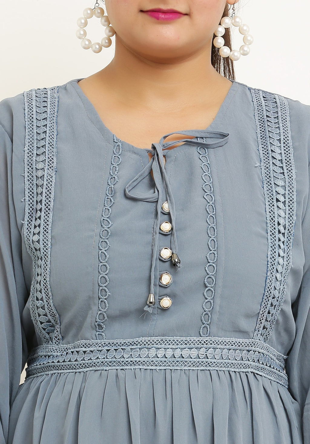 PAVONINE Grey Color Georgette Fabric Lace Inserts Midi For Girls - Distacart