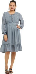 PAVONINE Grey Color Georgette Fabric Lace Inserts Midi For Girls - Distacart