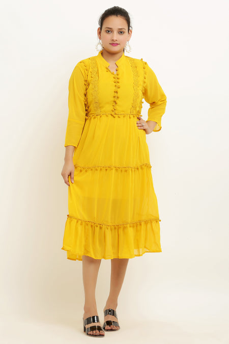 PAVONINE Pum Pum & Lace Inserted Mustard Color Dress For Girls & Women