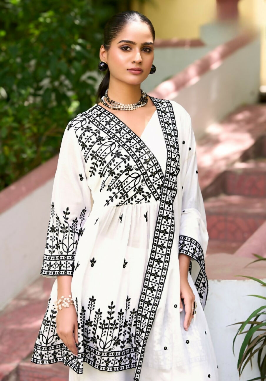 Anaita White Chinon Readymade Sharara Suit with Embroidery Work - Distacart