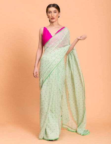 Suta Lime Green Polka Printed Pure Cotton Saree